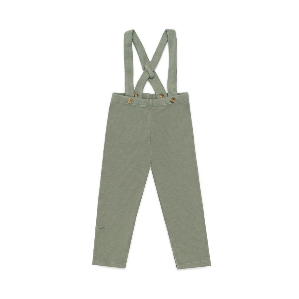 US stockist of Donsje's gender neutral, Dena ribbed suspender leggings in Green Oak.