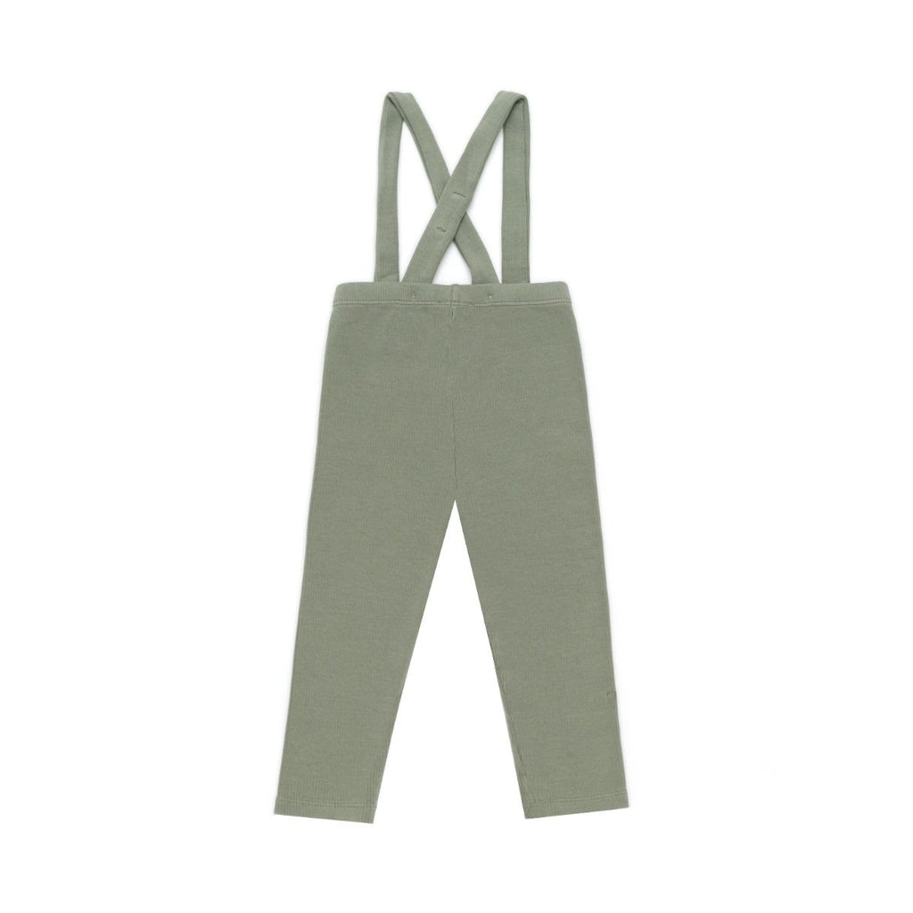 US stockist of Donsje's gender neutral, Dena ribbed suspender leggings in Green Oak.