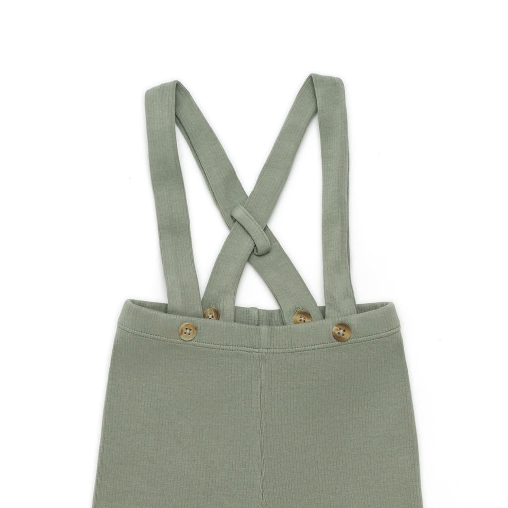 US stockist of Donsje's gender neutral, Dena ribbed suspender leggings in Green Oak.