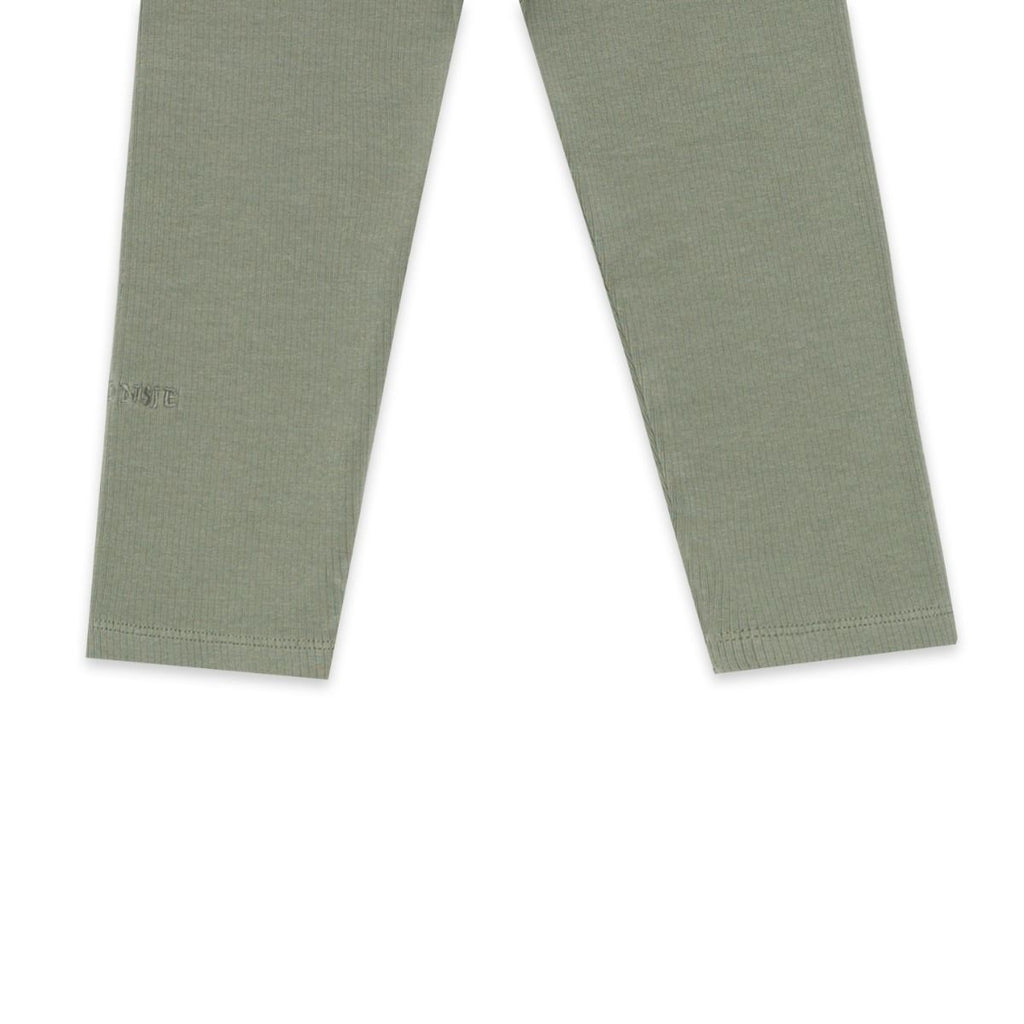 US stockist of Donsje's gender neutral, Dena ribbed suspender leggings in Green Oak.