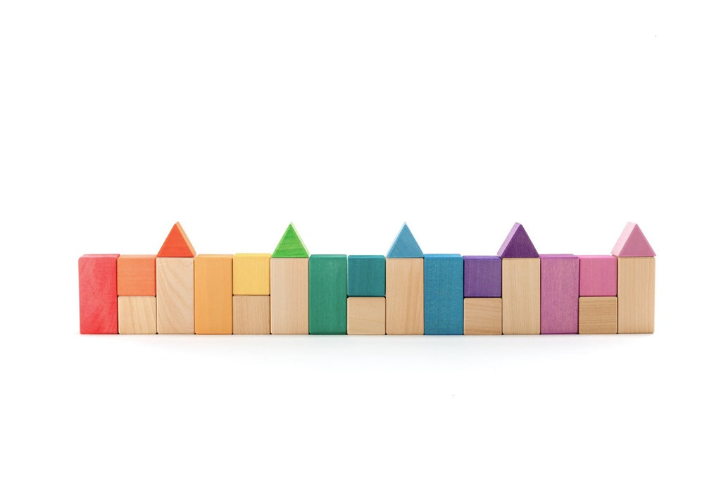 US stockist of Ocamora's set 25 colored wooden construction blocks. 
