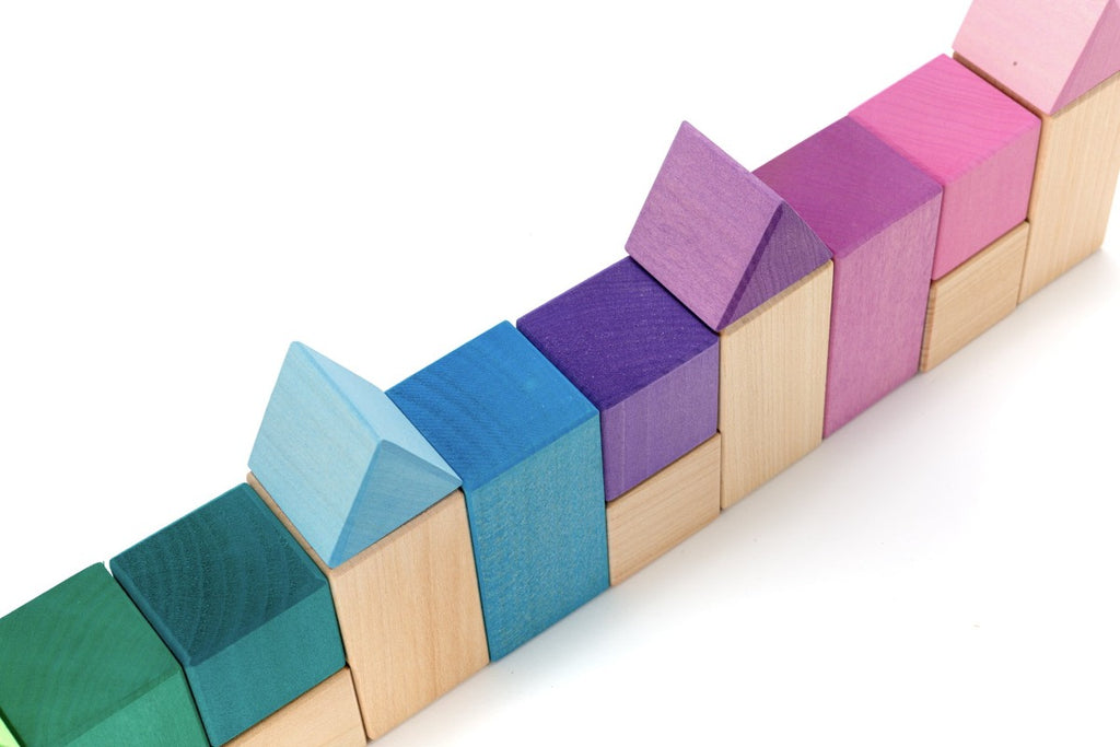 US stockist of Ocamora's set 25 colored wooden construction blocks. 
