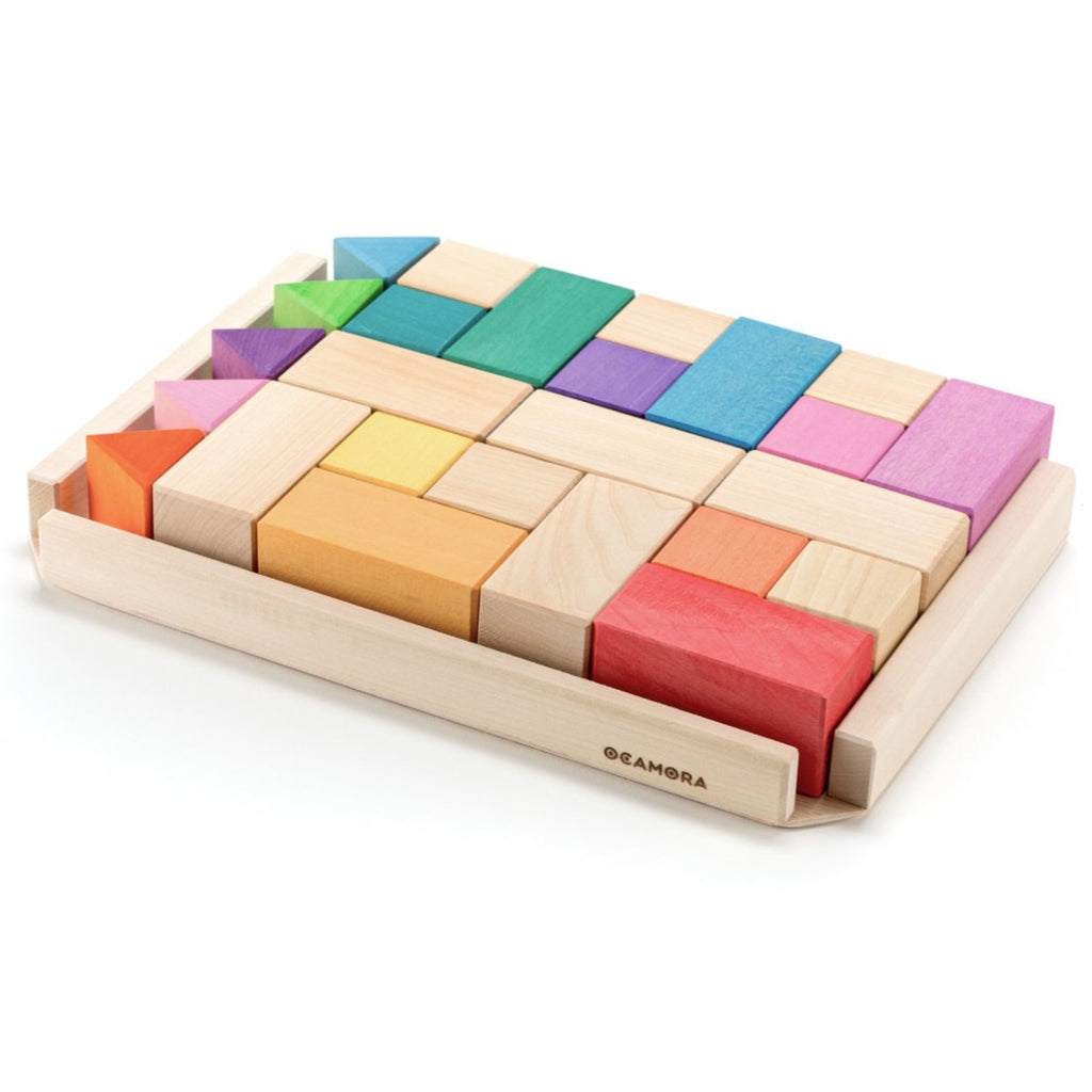 US stockist of Ocamora's set 25 colored wooden construction blocks. 
