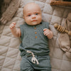 US stockist of Buck & Baa's organic dappled henley tank top.  Made from organic cotton and elastane in a blue/green color with all over spotted print. Coconut buttons on front placket.