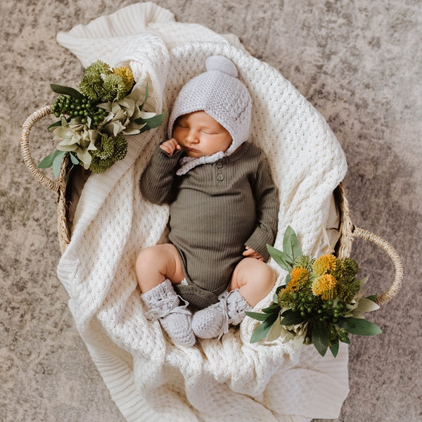 US stockist of Snuggle Hunny Kids grey merino wool bonnet and bootie set