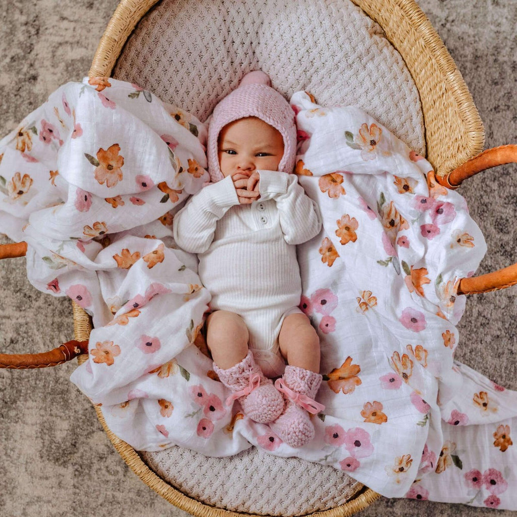 US stockist of Snuggle Hunny Kids pink merino wool bonnet and bootie set