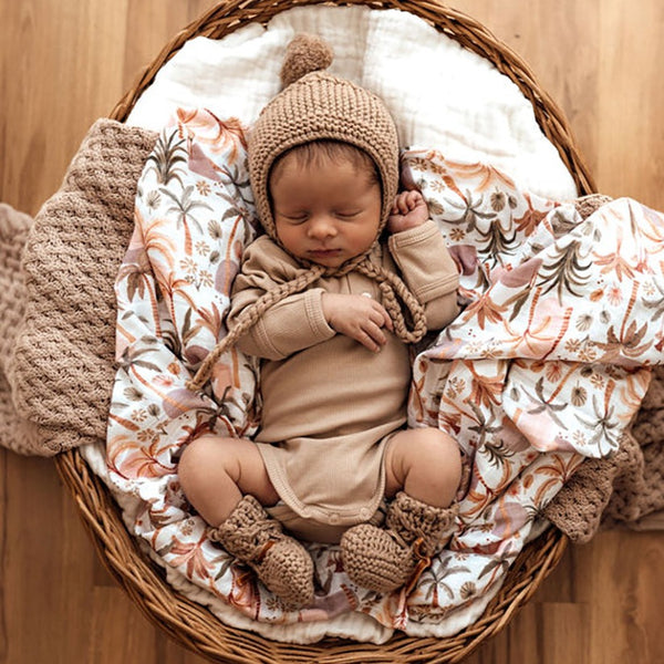US stockist of Snuggle Hunny Kid's Merino wool bonnet & bootie set in Fawn.