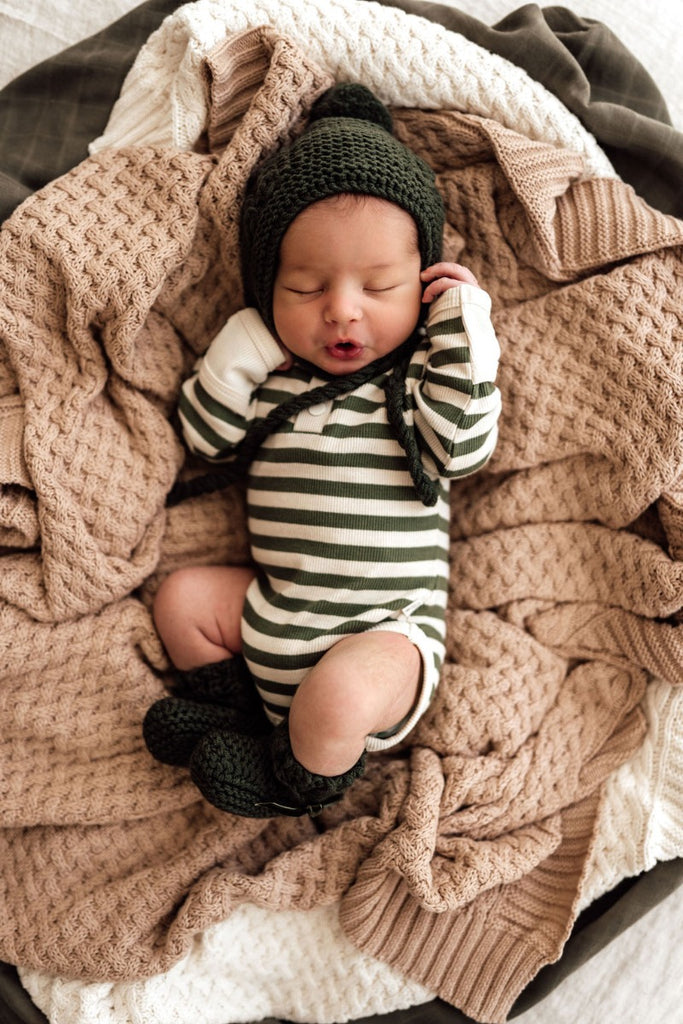 US stockist of Snuggle Hunny Kid's Merino wool bonnet & bootie set in Olive.
