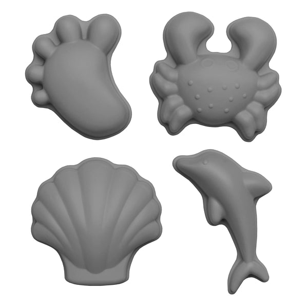 US stockist of Scunch.  Set of 4 sand moulds in cool grey made from silicone.  Comes with 1 footprint, 1 crab, 1 shell and 1 dolphin mould.
