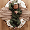 US stockist of Snuggle Hunny Kid's organic jersey Olive zip growsuit.