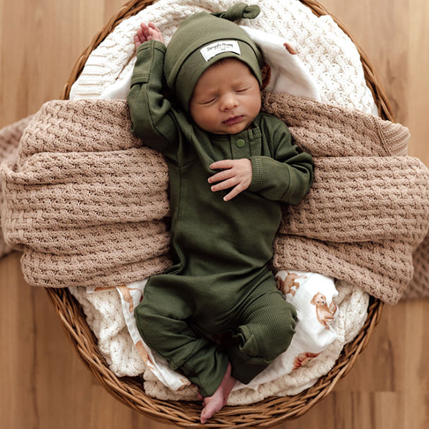 US stockist of Snuggle Hunny Kid's organic jersey Olive zip growsuit.