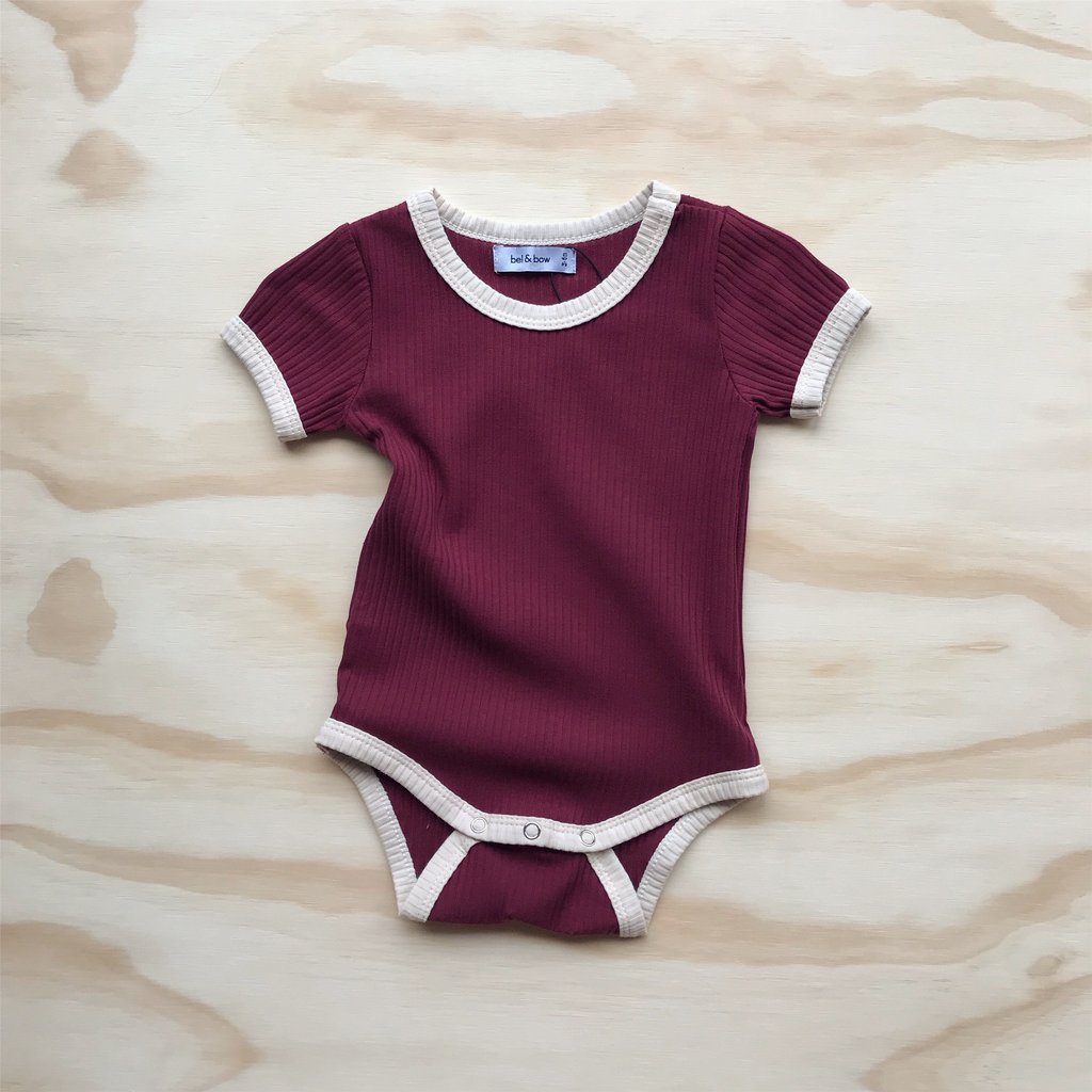 US stockist of ribbed cotton retro ringer bodysuit in berry