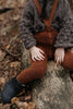 US stockist of Silly Silas' gender neutral, footed Teddy tights in Cinnamon.  Made from 100% okeo tex cotton with retro braces.