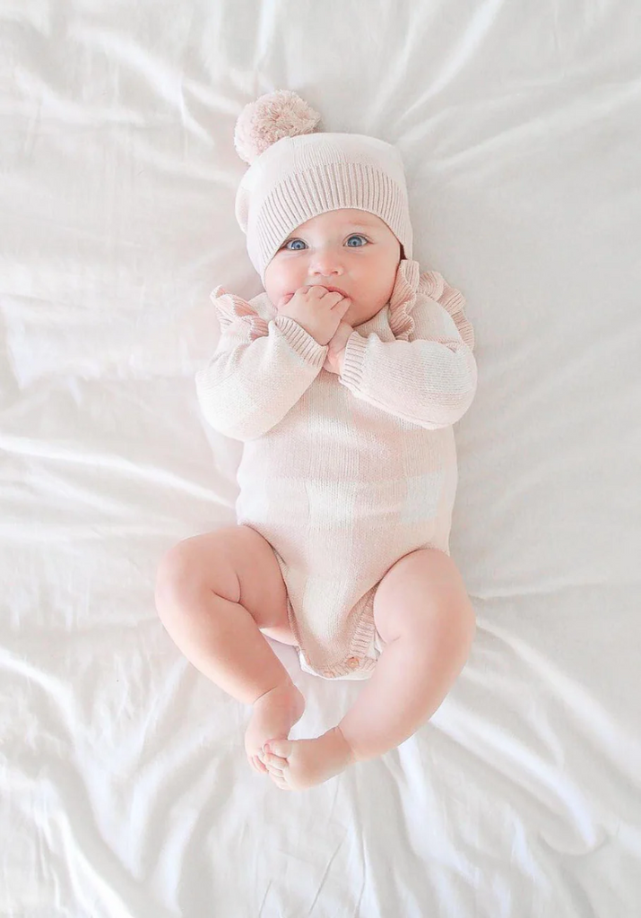 US stockist of Miann & Co's Frill long sleeve knit bodysuit in Ballet Pink Gingham