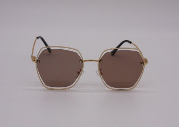 US stockist of Elle Porte's Harper sunglasses.  Features hexagon shaped brown lenses with gold frames, rated at UV 400