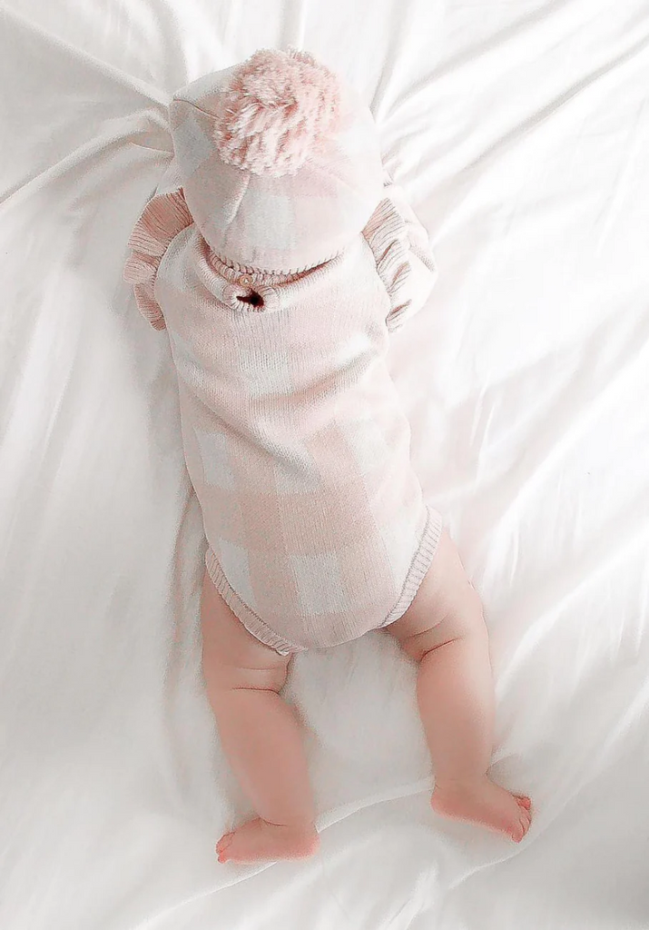 US stockist of Miann & Co's Frill long sleeve knit bodysuit in Ballet Pink Gingham