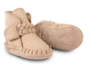 US stockist of Donsje's Powder pink nubuck baby shoes with Mace faux fur lining.  Velcro braided fastening - soft sole under 12mths.