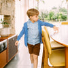 US stockist of My Brother John's blue Graham Lazybones cardigan.  Made from soft, lightweight cotton with tortise shell look buttons.