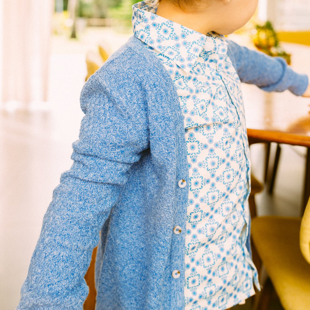 US stockist of My Brother John's blue Graham Lazybones cardigan.  Made from soft, lightweight cotton with tortise shell look buttons.