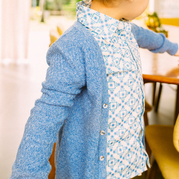US stockist of My Brother John's blue Graham Lazybones cardigan.  Made from soft, lightweight cotton with tortise shell look buttons.