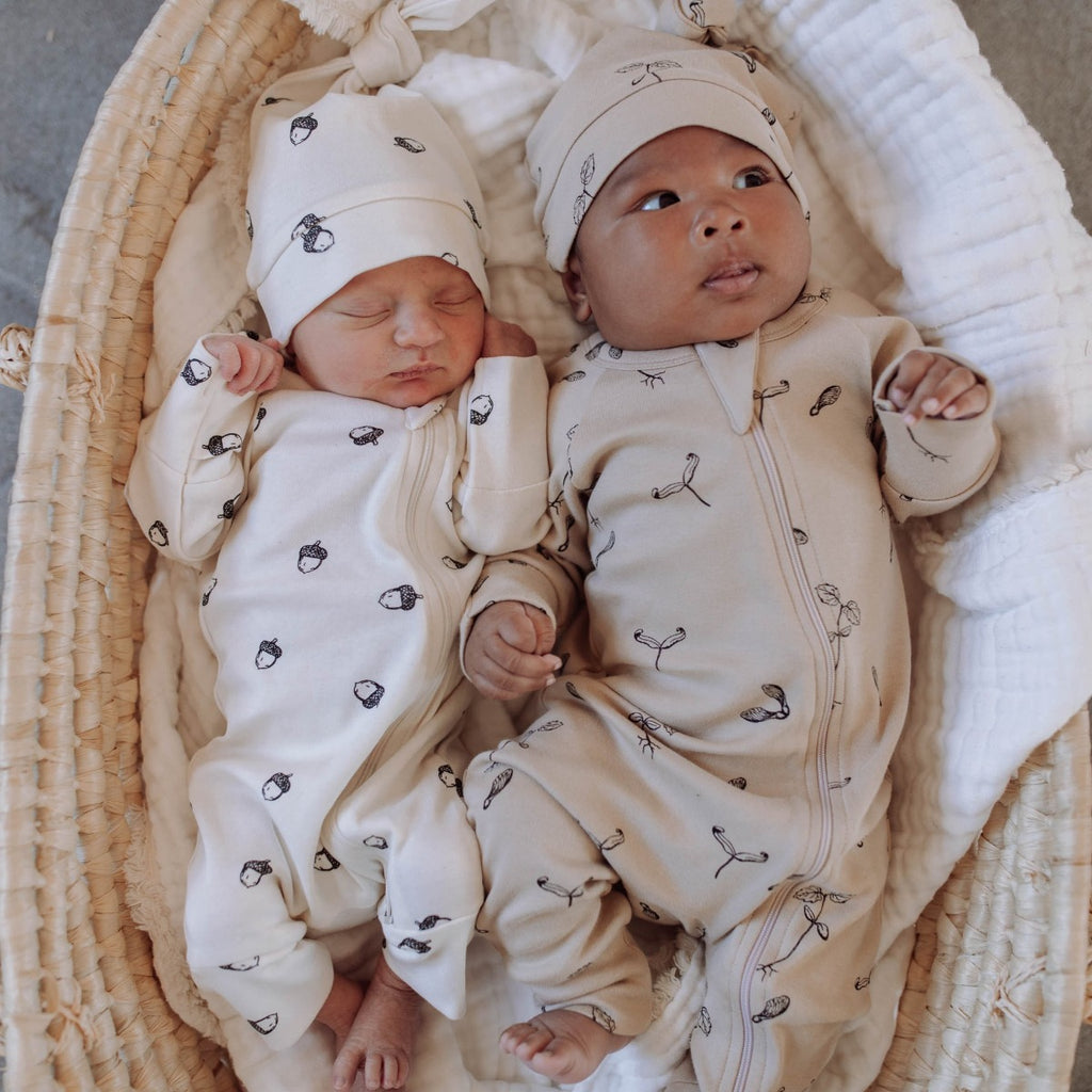 US stockist of Buck & Baa's gender neutral, organic cotton Acorn zip romper.