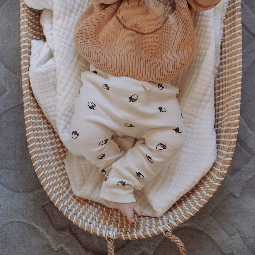 US stockist of Buck & Baa's gender neutral, organic cotton acorn leggings.