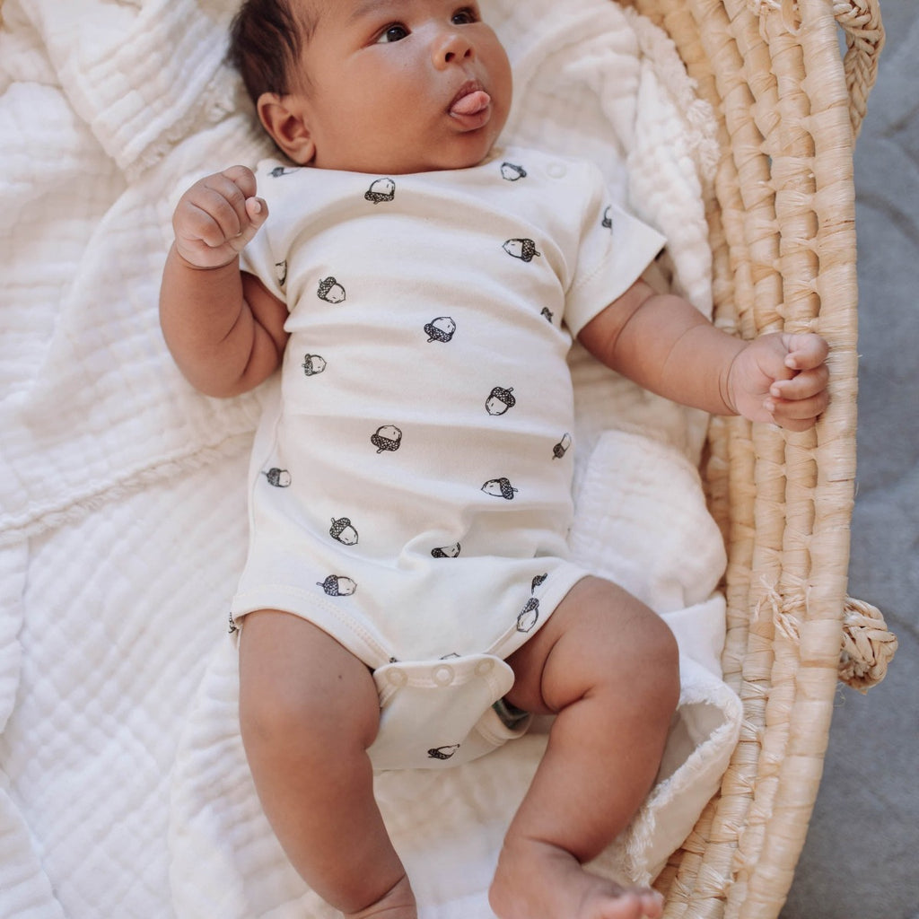 US stockist of Buck & Baa's gender neutral, organic cotton, short sleeve Acorn bodysuit.