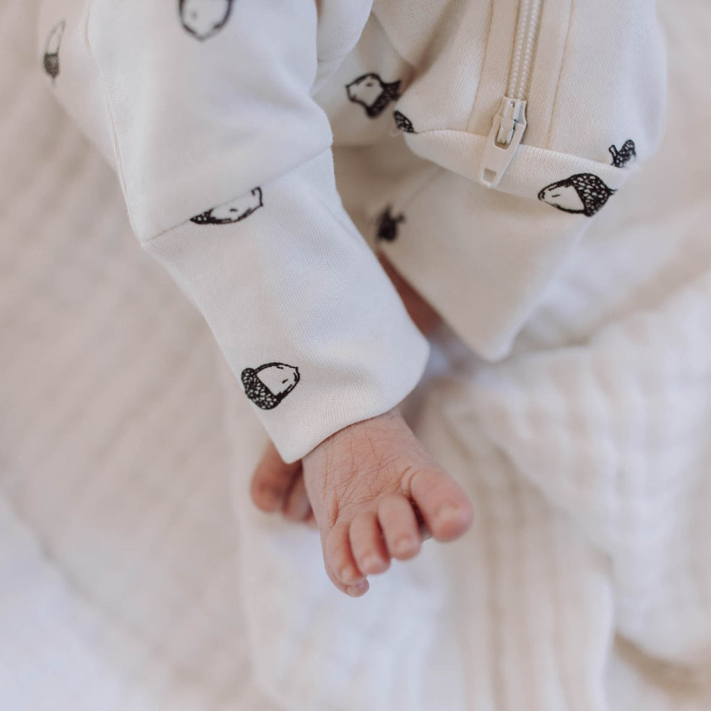 US stockist of Buck & Baa's gender neutral, organic cotton Acorn zip romper.