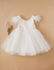 US stockist of Karibou Kids white Angelina Feather and Lace Dress.  Features 5 layer full skirt, lace bodice, scoop back and ostrich feather flutter sleeves. 