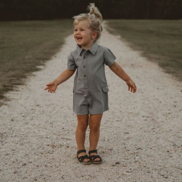 US stockist of Donsje's handmade, gender neutral Aspen Jumpsuit in Ocean Grey.