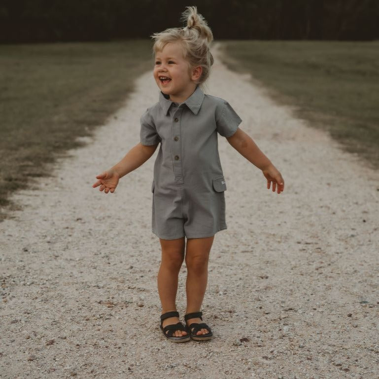 US stockist of Donsje's handmade, gender neutral Aspen Jumpsuit in Ocean Grey.