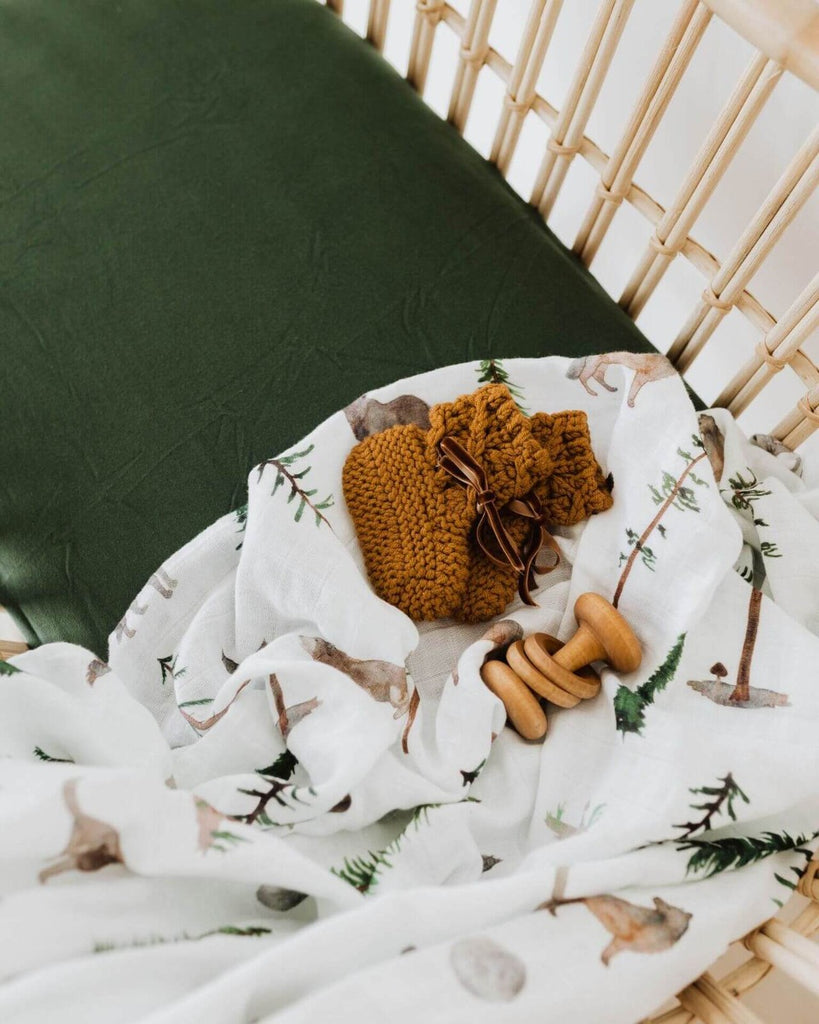 US stockist of Snuggle Hunny Kid's Olive green stretch cotton jersey bassinet sheet. Can also be used as a change mat cover.