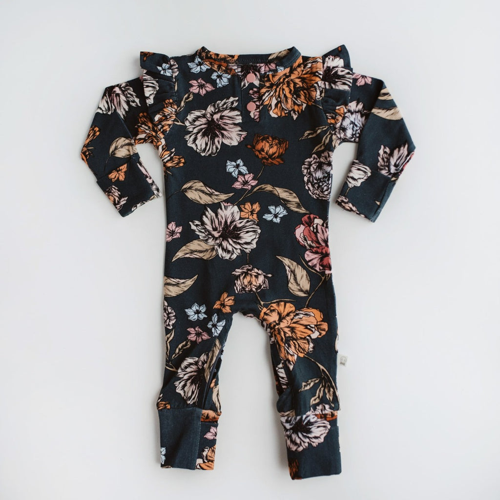 US stockist of Snuggle Hunny Kid's organic jersey Belle ruffle zip growsuit.