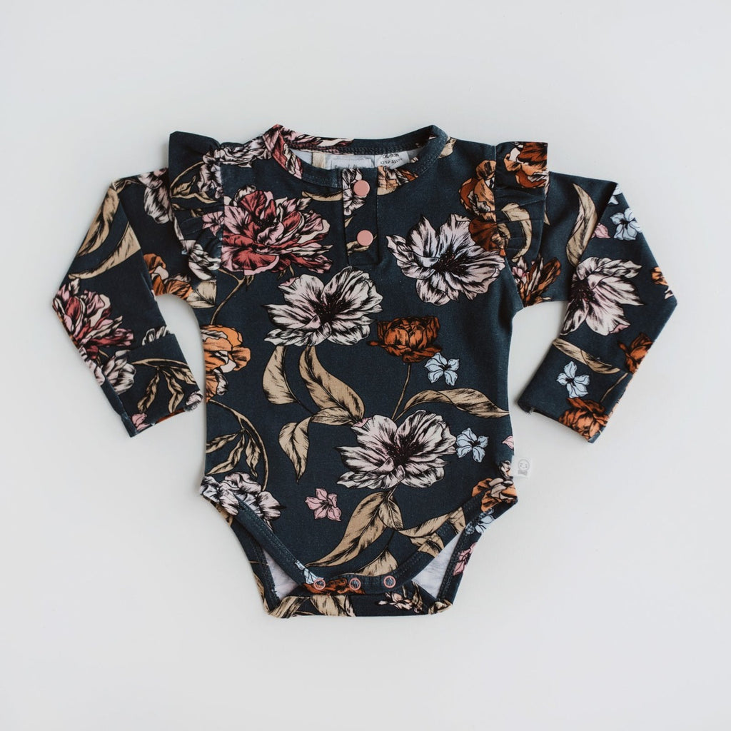 US stockist of Snuggle Hunny Kid's organic long sleeve ruffle bodysuit in Belle.