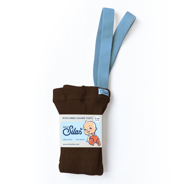 US stockist of Silly Silas gender neutral retro ribbed footed tights in brown.  Made from 100% cotton and featuring contrasting light blue braces.