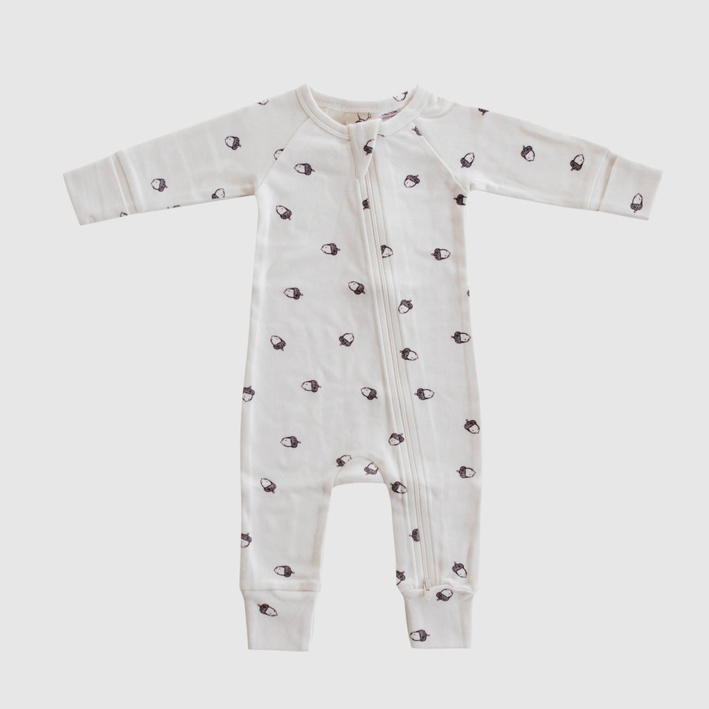 US stockist of Buck & Baa's gender neutral, organic cotton Acorn zip romper.