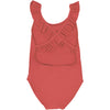US stockist of Canopea's Grenada Red Alba ruffle neck and cross back swimsuit made from recycled UPF50 fabric.
