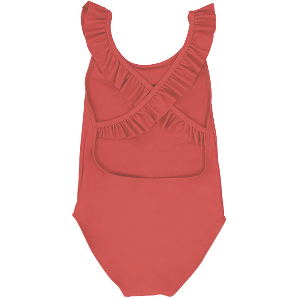 US stockist of Canopea's Grenada Red Alba ruffle neck and cross back swimsuit made from recycled UPF50 fabric.