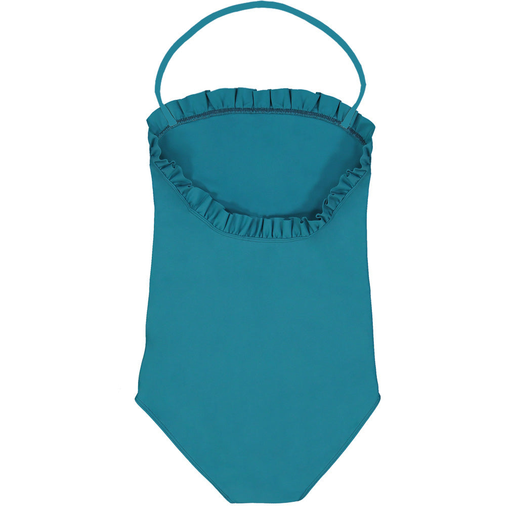 US stockist of Canopea's Bari Green halterneck swimsuit with ruffle at neck and back.  Made from recycled UPF 50 fabric.