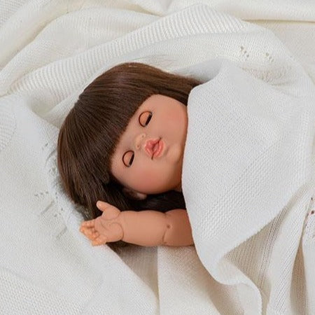 US stockist of Minikane's "Sleepy Chloe" girl doll.  Measures 13" in height and has moveable limbs.  Anatomically correct and features straight brown hair with bangs, white skin and brown eyes that close.