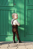US stockist of Silly Silas gender neutral retro ribbed footed tights in chocolate brown.  Made from 100% cotton and features braces.