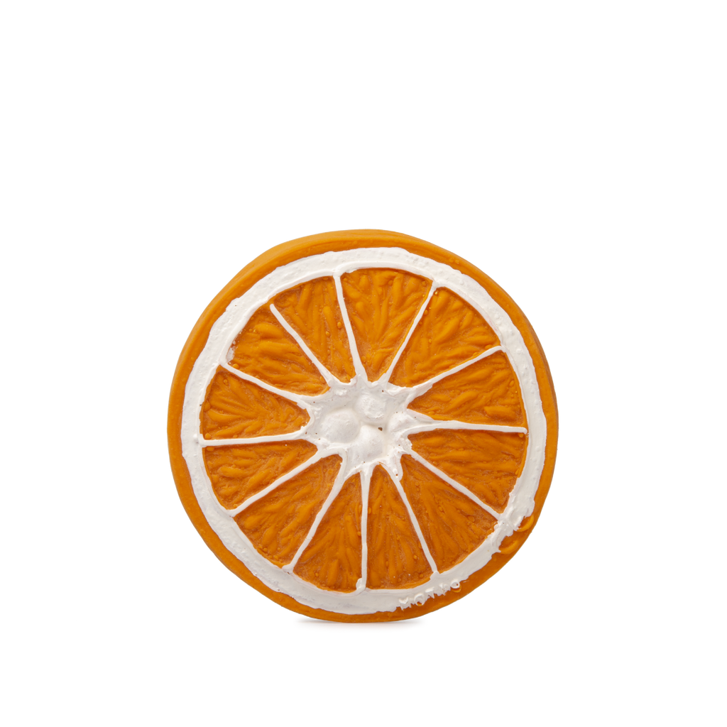 US stockist of Oli & Carol's Clementino the orange teether/bath toy. Made from 100% natural sustainable rubber with no holes.