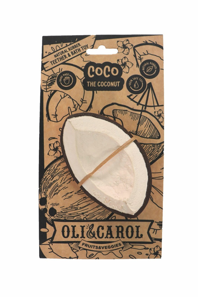 US stockist of Oli & Carol's Coco the Coconut teether/bath toy. Made from 100% natural sustainable rubber with no holes.