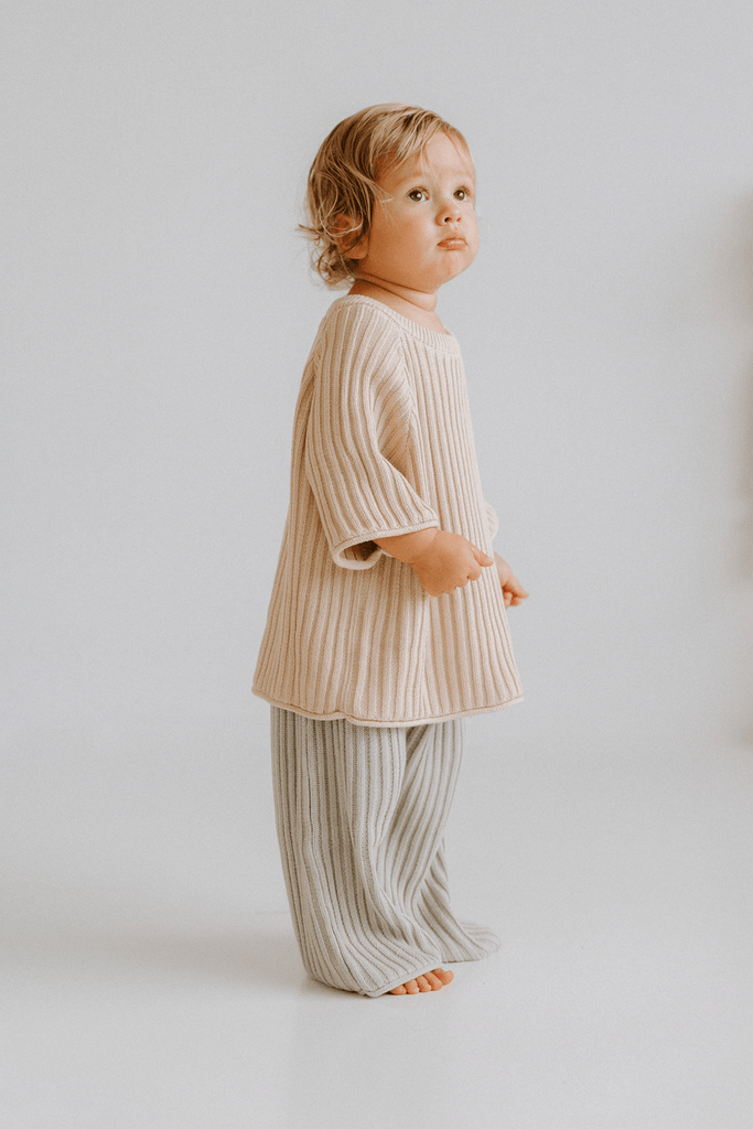 US stockist of Illoura the Label's 3/4 length rib essential knit pants in Powder Blue.  Made from cotton with a slight flare.