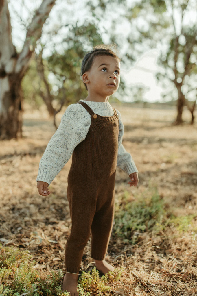 US stockist of Grown's gender neutral, Organic Knit Overalls in Espresso