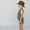 US stockist of Buck & Baa's organic dappled henley tank top.  Made from organic cotton and elastane in a blue/green color with all over spotted print. Coconut buttons on front placket.
