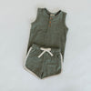US stockist of Buck & Baa's organic cotton, gender neutral blue/green dapple shorts.  Features elastic waist with drawstring and side pockets. 