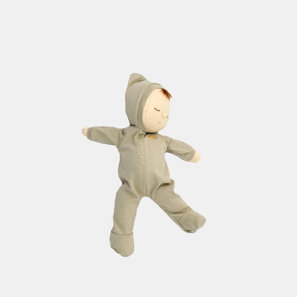 US stockist of Olli Ella's gender neutral, Pickle Dozy Dinkum.  Features tuft of red hair with non removable hooded light green onesie.