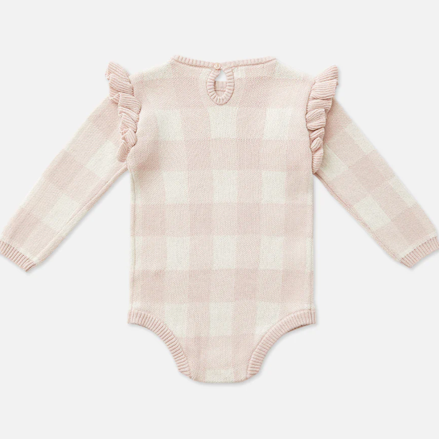 US stockist of Miann & Co's Frill long sleeve knit bodysuit in Ballet Pink Gingham