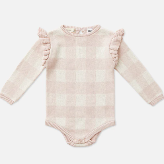 US stockist of Miann & Co's Frill long sleeve knit bodysuit in Ballet Pink Gingham